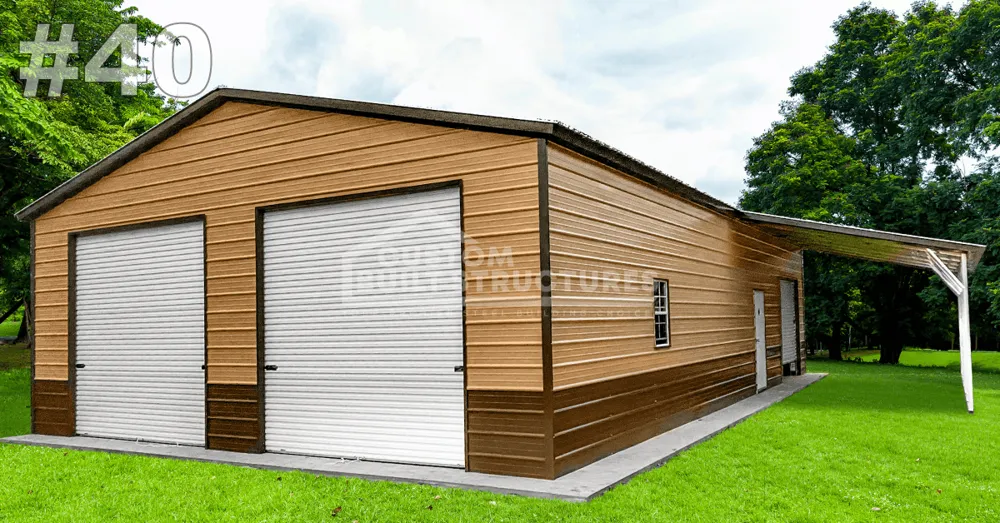 #40 42x41x11 Double Metal Garage w/Side Porch Lean-to